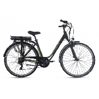 Photo Velo electrique femme aluminium adore versailles 28 e bike noir vert 250 watt li ion 36 v 10 4 ah 7 vitesses